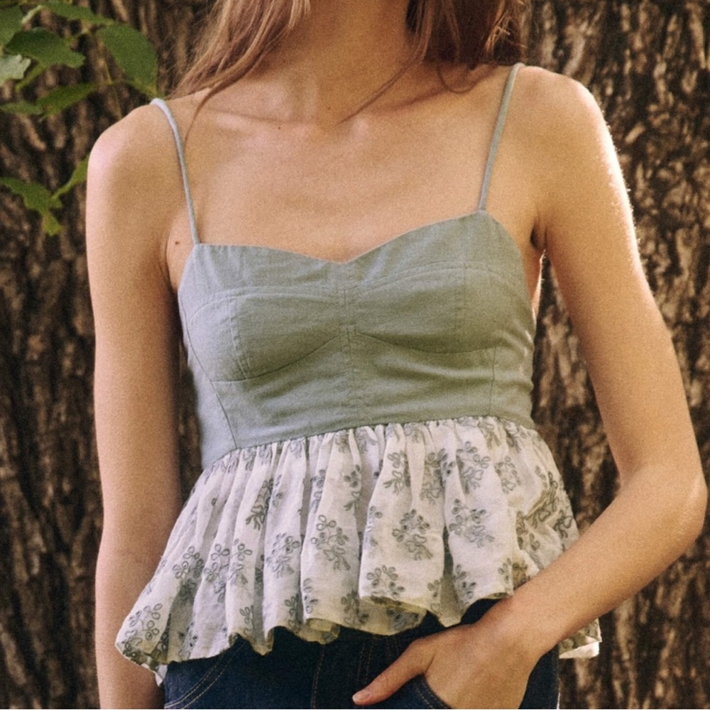 THE GREAT. Gray and Cream Floral Camisole
